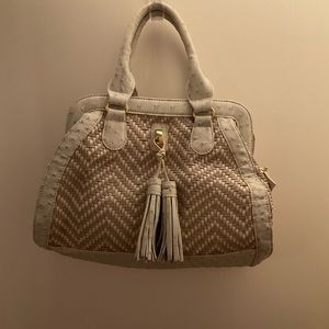 Tan white weave tassel bag
